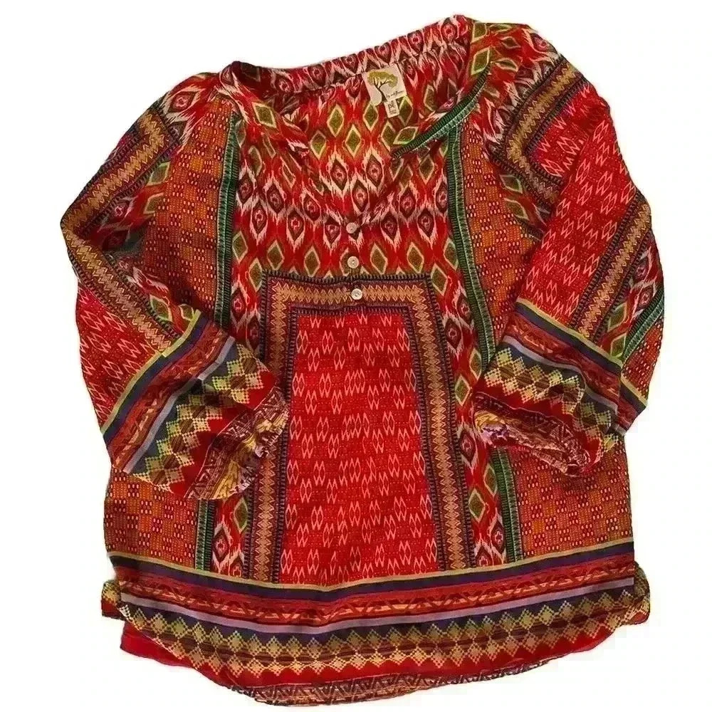 Fig &Flower Anthropologie Tunic Top Blouse Floral Mandala 3/4 Sleeve Size PL